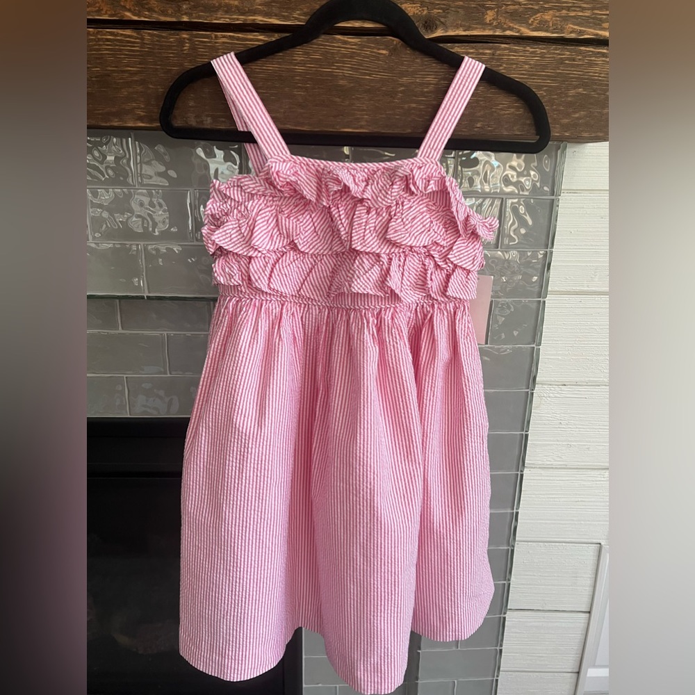 New Ralph Lauren Girls Size 12 Ruffled Seersucker Lined Pink & White Dress NWT